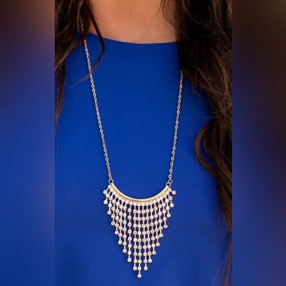 Jewelry - Gold Tone chain with water fall rhinestone pendant and earrings